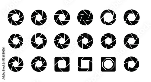 Collection of Camera Lens Aperture and Shutter Icons on White Background from Direct Viewpoint