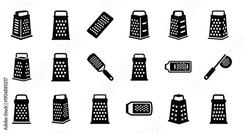 Collection of various kitchen graters and utensils displayed on a clean white surface from a straightforward viewpoint