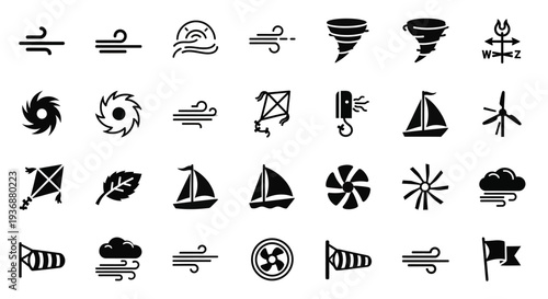 Collection of weather icons depicting various storm and wind symbols, weather events, and forecast elements in a simple black and white style