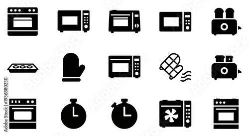 Collection of kitchen appliance icons displayed in a grid layout on a simple background from a straightforward viewpoint