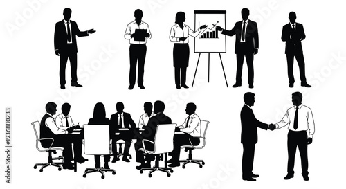 Silhouettes of business people in various meeting and presentation scenarios depicted in black high quality professional