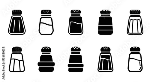 Collection of diverse salt shaker icons in various designs and styles displayed together