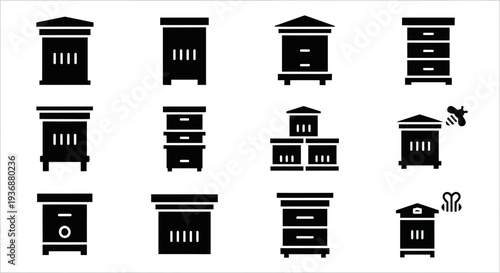 Collection of various black silhouettes of beehives and beekeeping equipment displayed on a clean background