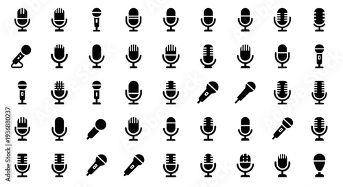 Collection of various microphone icons displayed in a grid pattern