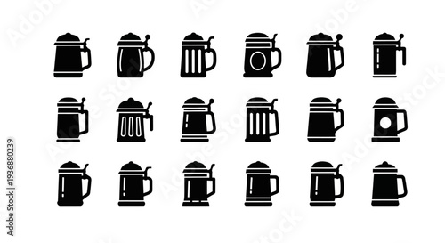 Collection of coffee maker icons in black and white design viewed from directly above