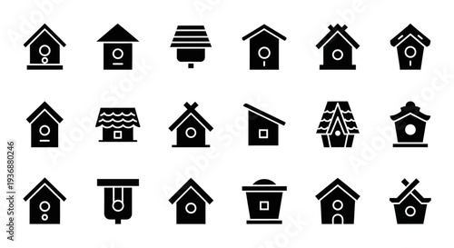 Collection of various birdhouse icons in black and white, showcasing diverse designs and styles