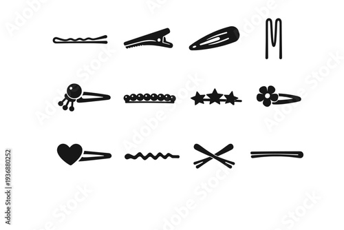 Hairpins. Solid icon set of Hairpins: bobby pin, hair clip, snap hairpin, U-shaped hairpin, decorative hairpin, pearl hairpin, star hairpin, flower hairpin,
