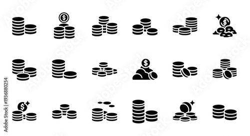 Collection of various coin stacks with currency symbols in a grid layout on a plain background from a straightforward viewpoint