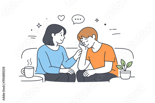 Emotional labor at home. A person listening attentively to a family member, showing emotional support and care. Peaceful scene focused on connection, trust,