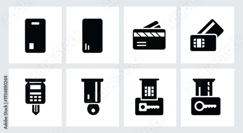 Collection of icons representing various media and security elements displayed on a grid