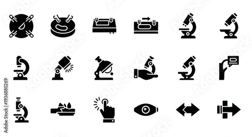 Collection of scientific icons representing various laboratory equipment and tools used in research and experimentation
