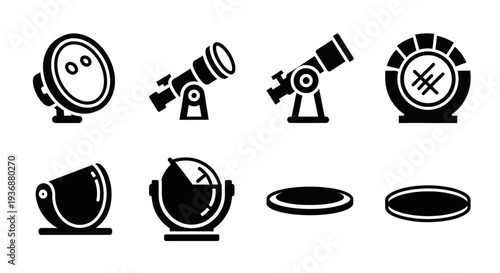 Collection of astronomy icons featuring telescopes and celestial bodies viewed from various angles