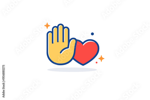 Setting emotional limits depicted as a gentle stop hand combined with a heart symbol, communicating kindness, assertiveness, and respect without conflict.