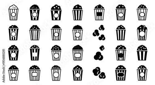 Collection of assorted popcorn bucket icons and scattered popcorn displayed in a grid pattern on a clean background