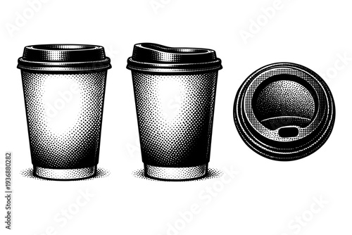 Coffee cup takeaway classic paper cup, a single disposable coffee cup shown in three views including front view, side view, and top view with realistic