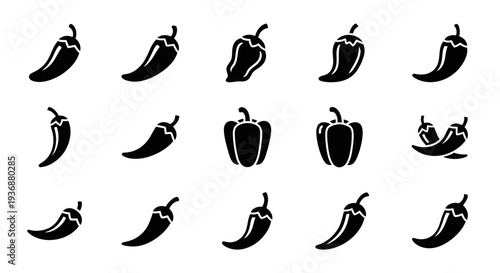 Collection of various pepper illustrations in different orientations and styles on a clean background