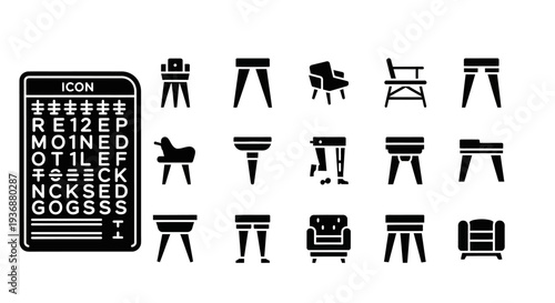 Collection of various furniture icons, including chairs and tables, displayed on a clean white background from a straightforward viewpoint showcasing different designs and styles.