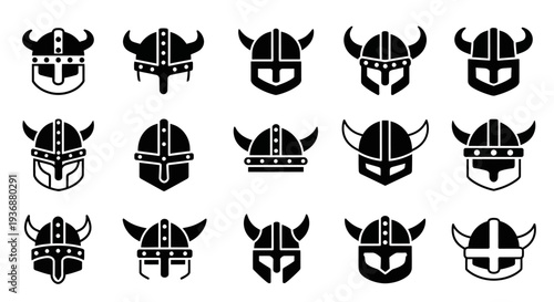 Collection of sixteen diverse viking helmet designs displayed in a grid pattern on a clean white background from a straightforward viewpoint