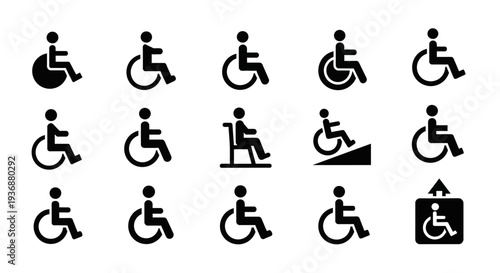A grid of black accessibility icons depicting various disabled persons on a white background from a straightforward viewpoint