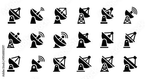 Collection of Satellite Dish and Antenna Icons in Various Configurations