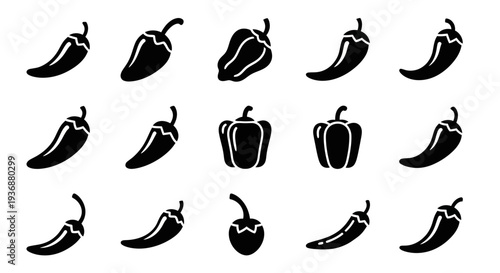 Assorted chili peppers and bell peppers illustrated in various styles and orientations on a clean background