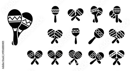 Collection of maracas with various designs and patterns displayed against a clean background from a straightforward viewpoint