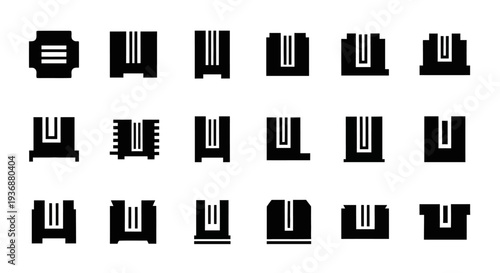 A collection of 18 black computer icons on a white background displayed from a direct viewpoint