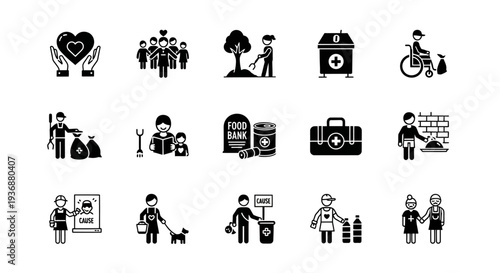 Collection of simple black icons representing people and activities in daily life viewed from a straightforward perspective