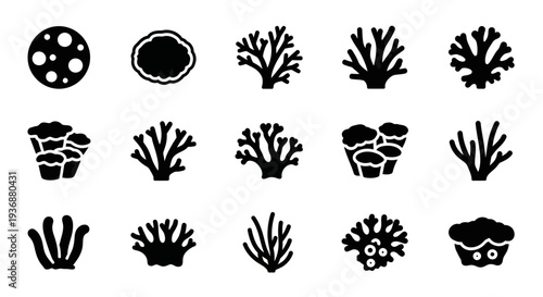 Collection of coral and ocean plant silhouettes arranged in a grid pattern on a simple background viewed from directly above