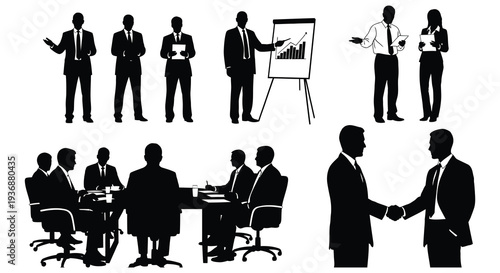 Silhouettes of business people in various meeting and presentation scenarios all in black high quality professional