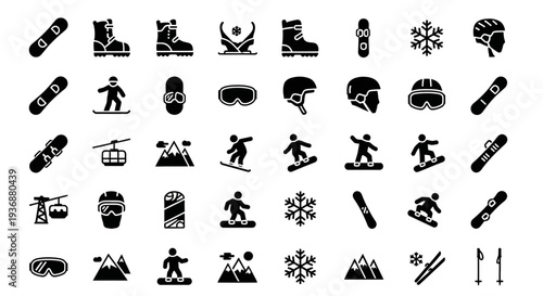 Collection of Winter Sports Icons Featuring Skiing, Snowboarding, and Hiking Symbols in Black and White