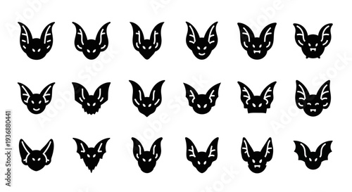 Collection of bat face illustrations displayed in a grid pattern on a clean background from a straightforward viewpoint