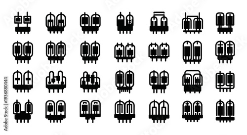 Collection of various school backpack icons displayed in a grid arrangement from different viewpoints