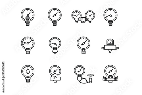 Pressure Measurement Types. Line icon set of Pressure Measurement Types: absolute pressure gauge, gauge pressure indicator, differential pressure sensor,