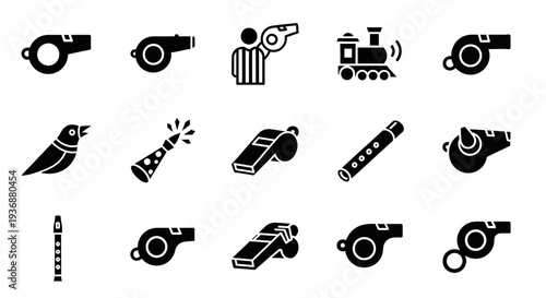 Collection of whistle icons in various styles and orientations on a clean white background viewed from directly above