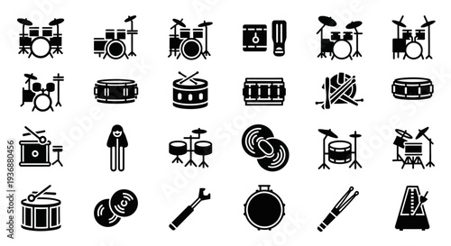 Collection of Various Drums and Drumsticks in Different Configurations and Views