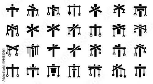 Collection of black symbols arranged in a grid pattern on a white background, showcasing various abstract designs and shapes