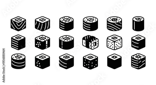 Collection of various sushi rolls and Japanese dishes illustrated in black and white from a top-down viewpoint