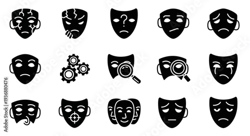 Collection of emotional mask icons representing various feelings and expressions displayed in a grid layout