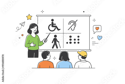 Accessibility awareness. Person presenting accessibility symbols on a board to a small audience. Calm educational moment with supportive atmosphere and