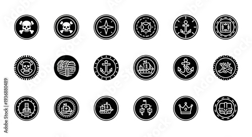 Collection of black and white icons representing various abstract concepts and symbols arranged neatly on a plain white background from a straightforward viewpoint