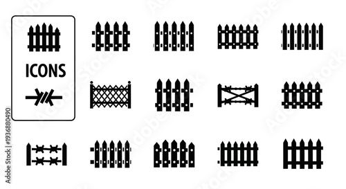 Collection of various fence icons in different styles and designs displayed together