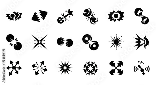 Collection of abstract black icons representing various symbols and shapes on a plain background from a direct viewpoint