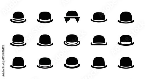 Collection of Various Bowler Hats and Fedora Hat with Sunglasses on White Background from Direct Viewpoint