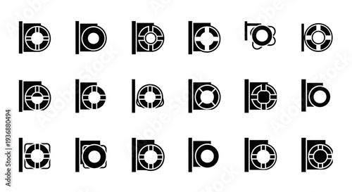 Collection of various camera lens icons displayed in a grid pattern
