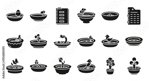 Various potted plants and gardening tools displayed in a collection of black and white illustrations from different viewpoints.