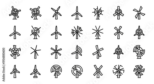 Collection of various simple line illustrations of windmills and turbines from a direct viewpoint