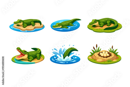Crocodile behavior. Isometric flat vector icons set of Crocodile behavior: basking crocodile, swimming crocodile, hunting pose, open jaws, tail splash, nesting