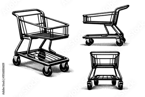 Shopping cart frame A metal shopping cart frame with tubular construction and support bars, shown in three angles to highlight geometry and volume. Black and
