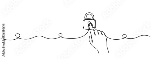 Hand pressing padlock button on continuous line background. no editable stroke